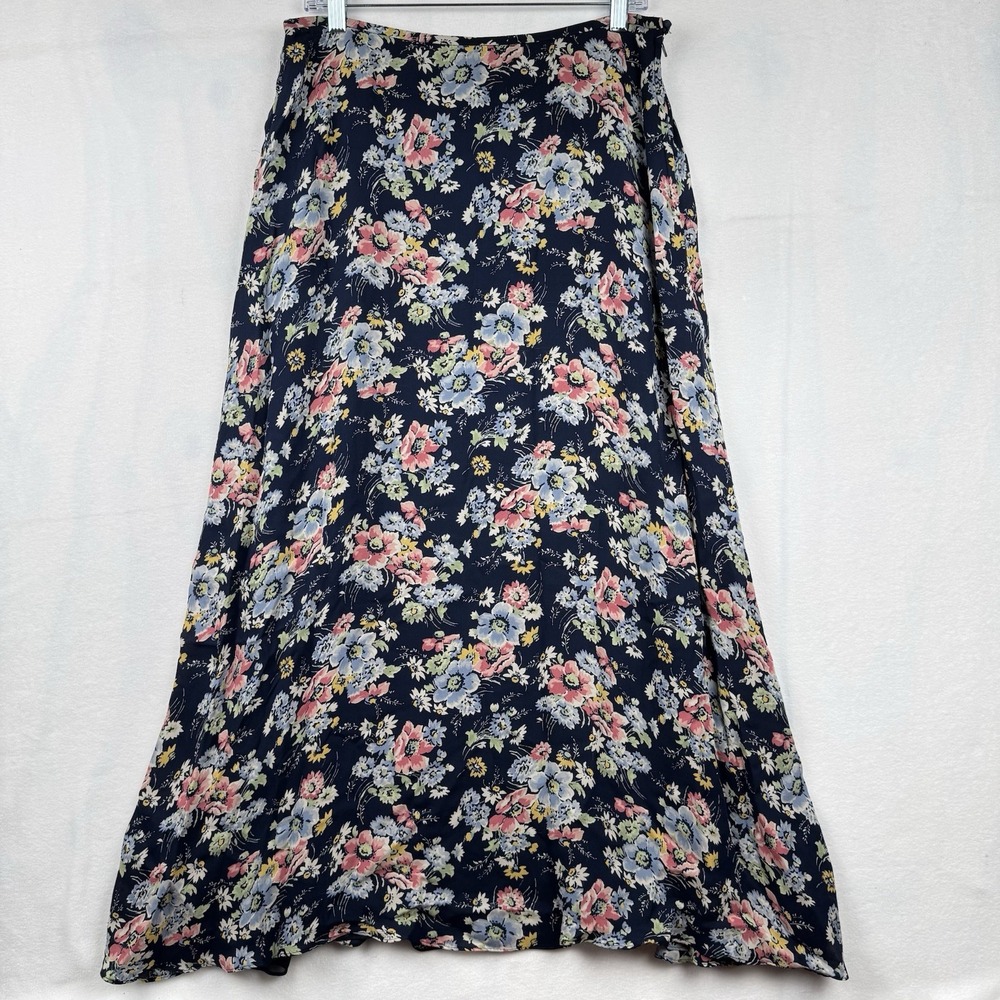 Lauren Ralph Lauren Blue Maxi Boho Feminine Floral Y2K Silk Skirt Size 12